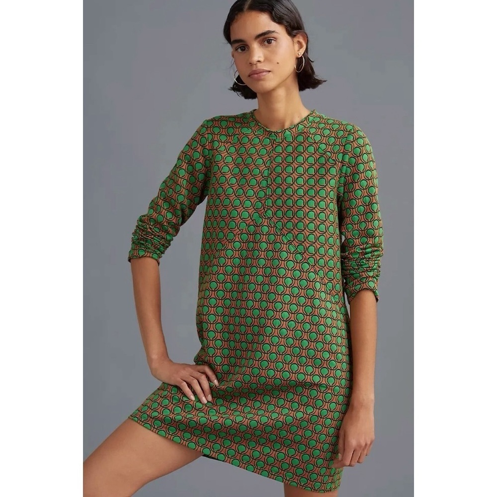 Maeve • Anthropologie Jacquard Shift Mini Dress green orange dots retro mod - Picture 3 of 14